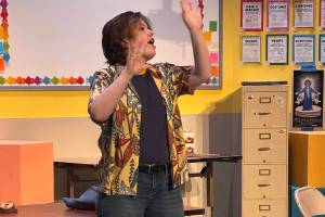 Kristen Rankin rehearses the opening scene from The Thanksgiving Play on Thursday night at Perseverance Theatre. (Photo by Molly Johnson)