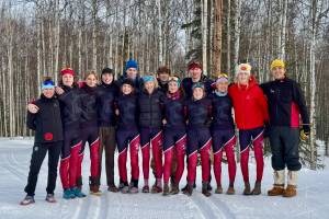 The Juneau-Douglas High School: Yadaa.at Kalé Nordic Ski team at the 2025 ASAA/First National Bank Alaska Nordic Ski State Championships at Fairbanks Birch Hill Recreation Area. (Photo courtesy JDHS Nordic Ski team)
