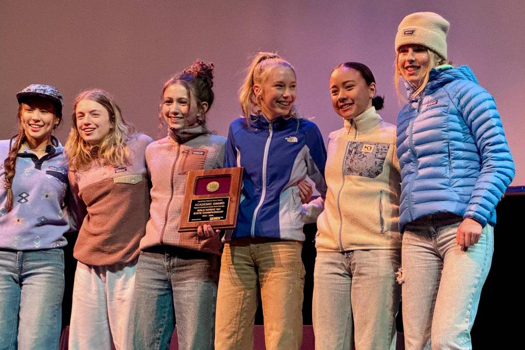 The Juneau-Douglas High School: Yadaa.at Kalé girls Nordic Ski team members junior Lua Mangaccat, junior Siena Farr, freshman Sunna Shane, freshman Sigrid Eller, sophomore Kaia Mangaccat and senior Ida Meyer won the Academic Award at the 2025 ASAA Nordic Ski State Championships in Fairbanks. (Photo courtesy JDHS Nordic Ski)