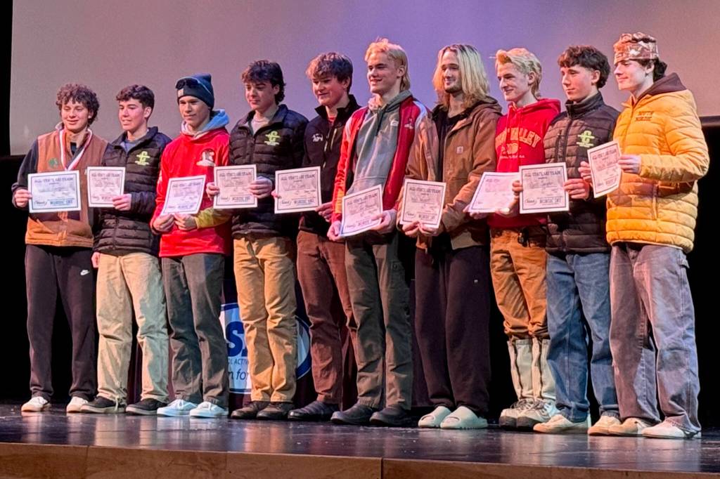 The All-State Nordic Ski team, from left, Services Jack Leveque, Colonys Coby Marvin, West Valleys Kieran Kaufman, Colonys Gabe Black, Juneau-Douglas High School: Yadaa.at Kalés Finn Lamb, West Valleys Peter-John Bragonier, Lathrops Wells Wappett, West Valleys Nathan Vandelugt, Colonys Raven Spangler and South Anchorages Grayson Stanek-Alward at the 2025 ASAA Nordic Ski State Championships in Fairbanks. (Photo courtesy JDHS Nordic Ski)