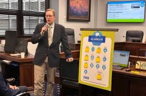 Daniel Nichols, a member of the American Society of Civil Engineers, presents results from the organizations Infrastructure Report Card for Alaska during a presentation Wednesday at the Alaska State Capitol. (Mark Sabbatini / Juneau Empire)