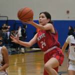 Kakes Brooklyn Hallingstad (24) lays up a shot past Klawocks Keira Sanderson (32) and Jayla Edenshaw (11) in the Thunderbirds loss to the Chieftains on Thursday during the 2025 Alaska Airlines Region V 1A Girls Basketball Tournament at Thunder Mountain Middle School. (Klas Stolpe / Juneau Empire)