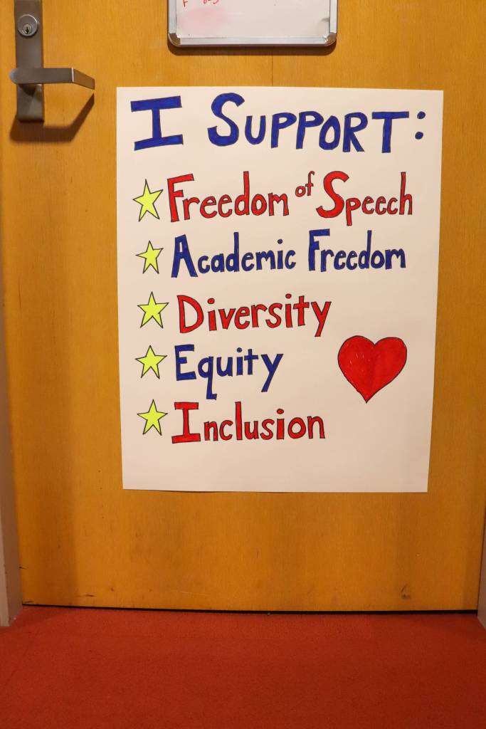 A poster that was added in the University of Alaska Southeast Egan Library following the University of Alaska Board of Regents decision on Friday, Feb. 21, shows a librarians support for freedom of speech, academic freedom, diversity, equity and inclusion. (Jasz Garrett / Juneau Empire)
