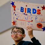 A Kake Thunderbirds basketball fan Friday during the 2025 Alaska Airlines Region V 1A Boys Basketball Tournament Championship game at Thunder Mountain Middle School. (Klas Stolpe / Juneau Empire)