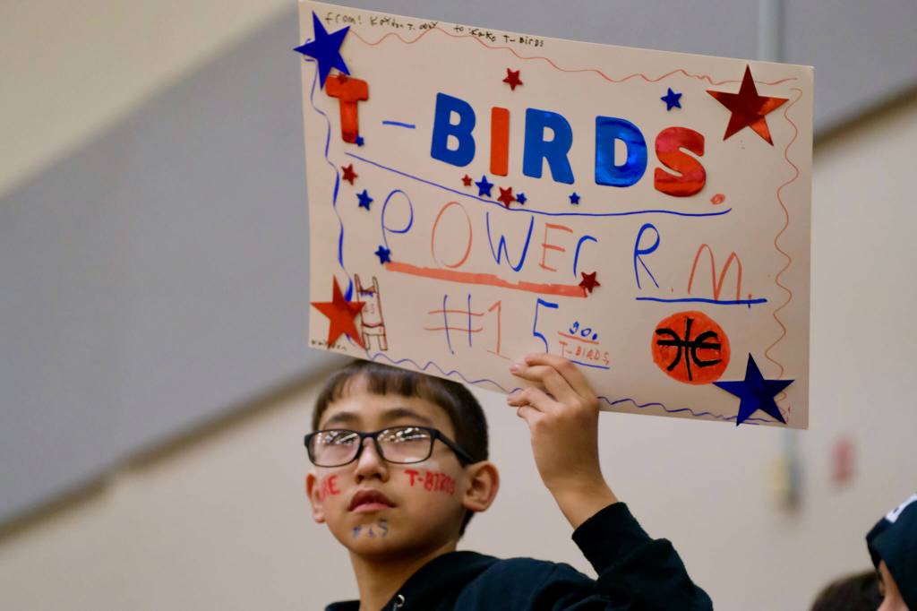 A Kake Thunderbirds basketball fan Friday during the 2025 Alaska Airlines Region V 1A Boys Basketball Tournament Championship game at Thunder Mountain Middle School. (Klas Stolpe / Juneau Empire)