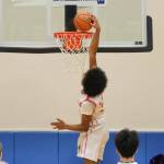 Kake's Keontay Jackson dunks in the Thunderbirds’ 56-40 win over the Chieftains on Friday during the 2025 Alaska Airlines Region V 1A Boys Basketball Tournament Championship game at Thunder Mountain Middle School. (Klas Stolpe / Juneau Empire)