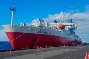The Cable Innovator, seen docked in Port Angeles, Washington, in May 2022, is scheduled to arrive in Sitka on Monday afternoon. It repaired a subsea communications cable in the vicinity last September and is being tasked with repairing further cable system damage that has knocked out phone and internet service to much of Southeast Alaska. (Creative Commons/DeVos Max)