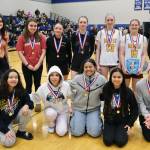 The 1A Girls All-Conference team are back row left-to-right, Anna Congdon (TB), Lea Armour (KLWK), Kaitlyn Tronrud (SKG), Lennon Jennings (SKG), Paige Woitte (HNH), Easton Ross (HNH) and Kaiya Marvin (KLWK). Front row l-r are Aliana Nelson (ANG), Lisa Kookesh-Booth (ANG), Kia Robert (HYD), Keira Sanderson (KLWK) and Aurora Davis (Kake). (Klas Stolpe / Juneau Empire)