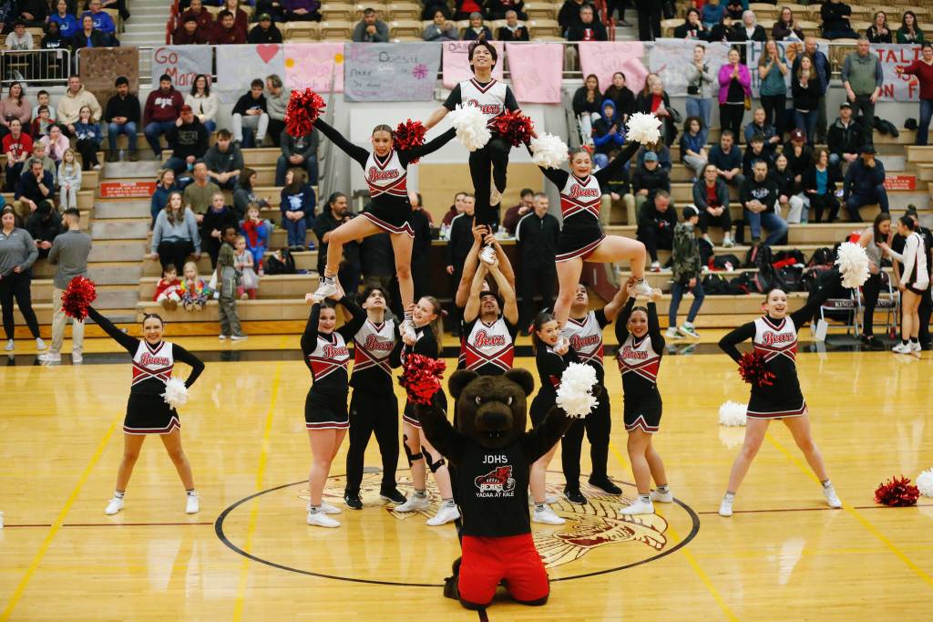 Juneau-Douglas High School: Yadaa.at Kalé cheerleaders perform during JDHS 64-36 victory over Ketchikan on the first day of the Region V 4A Basketball Tournament at the Clarke Cochrane Gymnasium on Thursday. (Christopher Mullen/ Ketchikan Daily News)