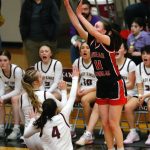 Juneau-Douglas High School: Yadaa.at Kalés Gwen Nizich shoots the ball during Juneau-Douglass 65-43 victory over Ketchikan, winning the Region V 4A Basketball Tournament at the Clarke Cochrane Gymnasium on Friday. Juneau-Douglas eliminated Ketchikan and will advance to play at state. (Christopher Mullen / Ketchikan Daily News)