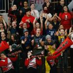 Juneau-Douglas High School: Yadaa.at Kalés pep club cheers during Juneau-Douglass 65-43 victory over Ketchikan, winning the Region V 4A Basketball Tournament at the Clarke Cochrane Gymnasium on Friday. Juneau-Douglas eliminated Ketchikan and will advance to play at state. (Christopher Mullen / Ketchikan Daily News)
