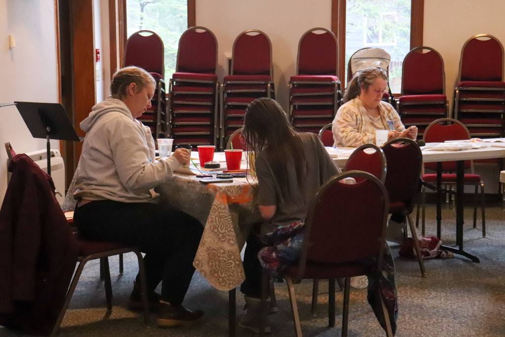 Volunteers lead painting for stress relief at Shepherd of the Valley Lutheran Church on Saturday, March 8, 2025. (Jasz Garrett / Juneau Empire)