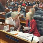 Mark Sabbatini / Juneau Empire
Reps. Rebecca Himschoot (I-Sitka), left, and Andi Story (D-Juneau), who co-chair the House Education Committee, confer during a break in a floor session Monday focusing on an omnibus education bill.