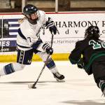 Lebanon Valley College sophomore forward Anna Dale (7) slaps a shot past a Stevenson University defender during Middle Atlantic Conference hockey action this year. (Photo courtesy Lebanon Valley College)