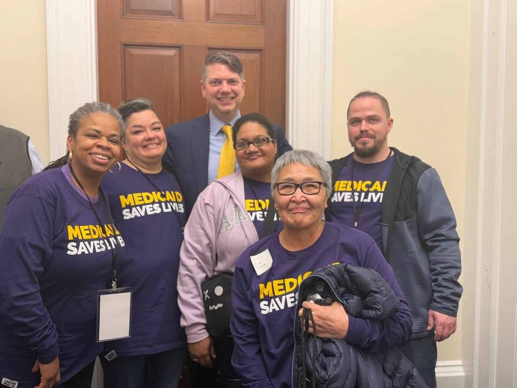 Five caregivers from Eek, Fairbanks, Kenai and the Mat-Su Valley met with Rep. Nick Begich III (R-Alaska) to advocate for Medicaid support in February of 2025. (Courtesy of Alaska Caregivers Union)