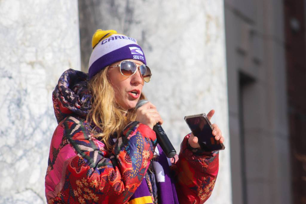 Shaine Truscot, vice president of the caregivers union SEIU 775, speaks at a protest against Medicaid cuts on Wednesday, March 12, 2025. (Jasz Garrett / Juneau Empire)