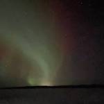 A lone Iditarod mushers headlamp appears on the frozen Tanana River near Tolovana Roadhouse early in the morning hours of March 5, 2025. (Photo by Ned Rozell)