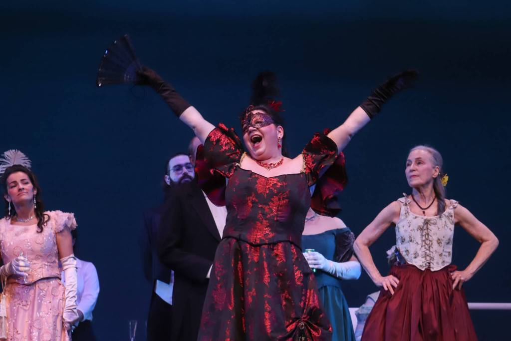 Rosalinda (Sara Radke Brown) singing during a rehearsal for Die Fledermaus on Wednesday, March 12, 2025. (Jasz Garrett / Juneau Empire)