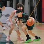 Kakes Xzavier Munoz-Torres defends Shishmarefs Frederick Olana (11) during the Thunderbirds 68-67 loss to the Northern Lights in the 2025 ASAA March Madness Alaska 1A State Basketball Championships Thursday at Anchorages Alaska Airlines Center. (Klas Stolpe / Juneau Empire)