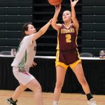 Hoonahs Jenna Jack is fouled by a Shishmaref defender during the Braves 43-40 loss to the Northern Lights on Friday in the 2025 ASAA March Madness Alaska 1A State Basketball Championships at Anchorages Alaska Airlines Center (Klas Stolpe / Juneau Empire)