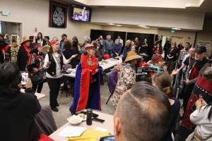 The Tlingit and Haida Elders Group performs the entrance dance at the 89th annual Tribal Assembly of the Central Council of the Tlingit and Haida Indian Tribes of Alaska on Wednesday, April 17, 2024, at Elizabeth Peratrovich Hall. (Mark Sabbatini / Juneau Empire file photo)