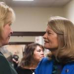 Lt. Gov. Nancy Dahlstrom (R-Alaska) chats with U.S. Sen. Lisa Murkowski (R-Alaska) before her annual address to the Alaska State Legislature on March 18, 2025. (Jasz Garrett / Juneau Empire)