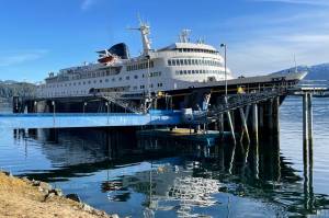 The Columbia state ferry docks at the Auke Bay Ferry Terminal on March 4. (Laurie Craig / For the Juneau Empire)