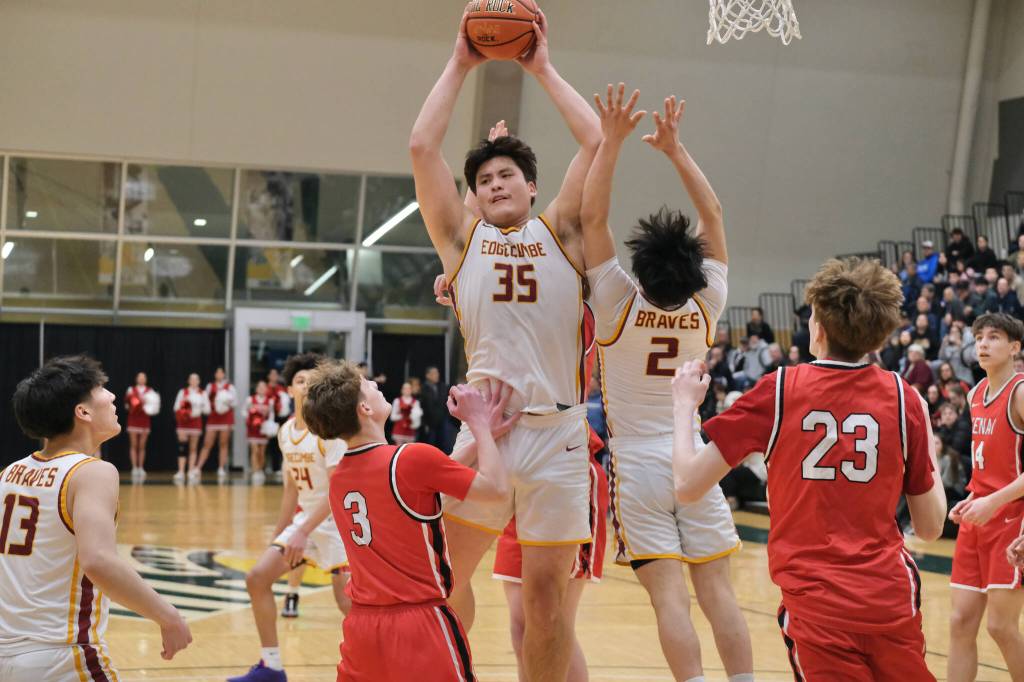 Mt. Edgecumbe senior Donovan Stephan-Standifer (35) rebounds against Kenai on Wednesday in the 2025 ASAA March Madness Alaska 3A/4A Basketball State Championships at Anchorages Alaska Airlines Center. (Klas Stolpe / Juneau Empire)