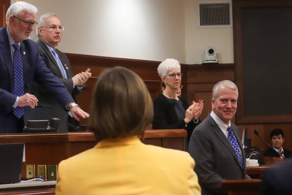 U.S. Sen. Dan Sullivan (R-Alaska) receives applause following his annual address to the Alaska Legislature on Thursday, March 20, 2025. (Jasz Garrett / Juneau Empire)