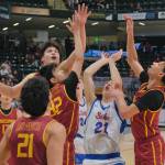 Sitka and Mt. Edgecumbe players watch as a shot rolls off the rim during the Wolves 64-62 semifinal win over the Braves on Thursday in the 2025 ASAA March Madness Alaska 3A/4A Basketball State Championships at Anchorages Alaska Airlines Center. (Klas Stolpe / Juneau Empire)