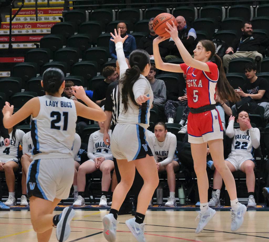 Sitkas Bristol Clifton (5) shoots against Valdez on Thursday in the Wolves 48-43 consolation bracket loss to the Buccaneers during the 2025 ASAA March Madness Alaska 3A/4A Basketball State Championships at Anchorages Alaska Airlines Center. (Klas Stolpe / Juneau Empire)