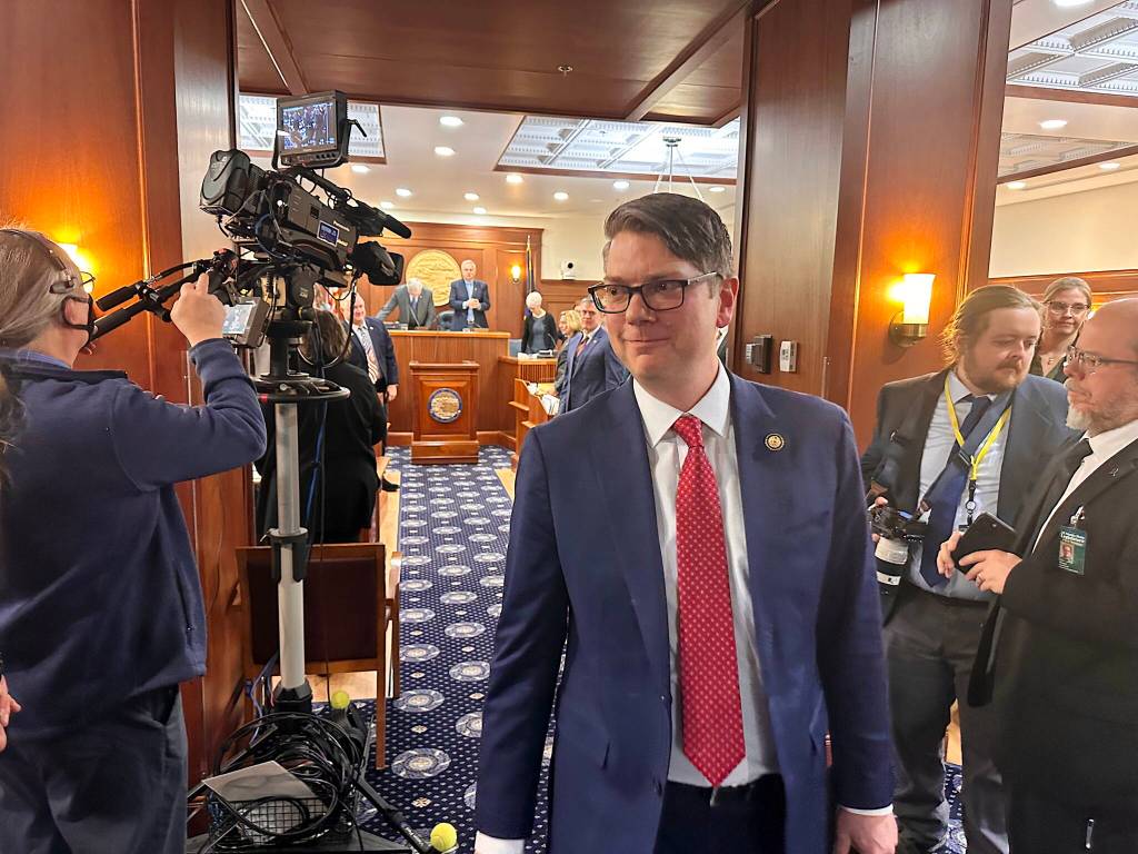 U.S. Rep. Nick Begich (R-Alaska) departs the House Chamber after his speech to the Alaska Legislature on Feb. 20, 2025. (Mark Sabbatini / Juneau Empire file photo)