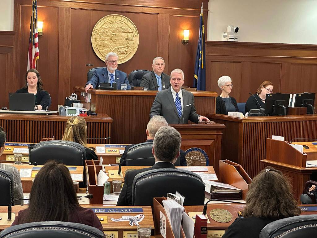 U.S. Sen. Dan Sullivan (R-Alaska) delivers his annual speech the Alaska Legislature on March 20, 2025. (Mark Sabbatini / Juneau Empire file photo)