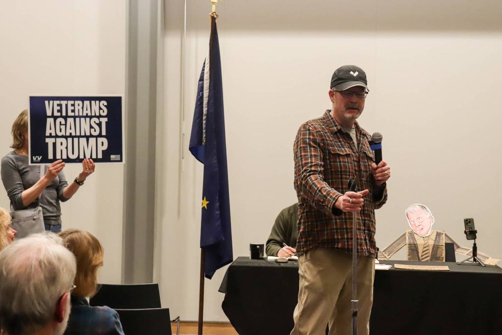 Dave Klein speaks about the process of applying for Medicaid at an empty-chair town hall on Thursday, March 20, 2025. (Jasz Garrett / Juneau Empire)