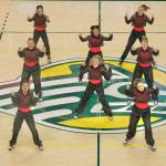 Members of the Juneau-Douglas High School: Yadaa.at Kalé dance team perform their Hip Hop routine Friday at the 2025 ASAA March Madness Alaska 3A/4A Basketball State Championships in Anchorages Alaska Airlines Center. (Klas Stolpe / Juneau Empire)