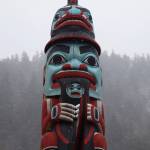 One of Nicholas Galanins completed totem poles, the Kaagwaantaan pole located in downtown Juneau as part of the Kootéeyaa Deiyí, on March 17, 2025. (Photo by Molly Johnson)