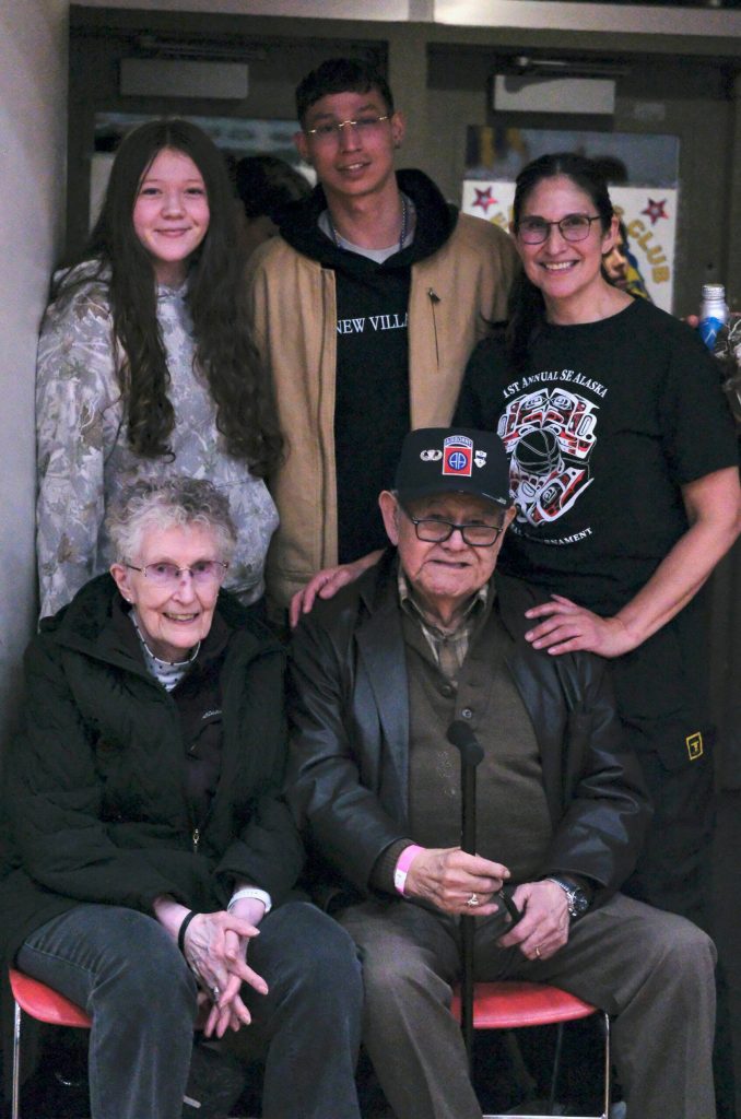 Seated are Betty and Aaron Isaacs Jr. who came to watch daughter Tina Steffin, far right, play at Gold Medal on Monday. Standing at left is granddaughter Sara Steffin and grandson DJ Almenzer. (Klas Stolpe / Juneau Empire)