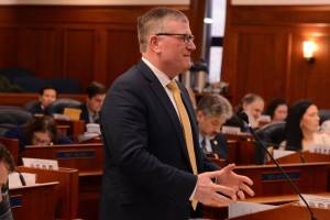 House Majority Leader Chuck Kopp, R-Anchorage, speaks on Monday, March 24, 2025, in favor of House Joint Resolution 11. (James Brooks/Alaska Beacon)