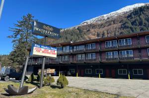 Mark Sabbatini / Juneau Empire
A sign in front of The Waterfront on Glacier advertises being open for reservations on Wednesday morning, two days after city officials shut it down due to building work done without a proper permit.
