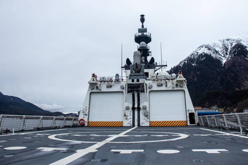 The U.S. Coast Guard Cutter Munros large flight deck is seen on Tuesday, March 25, 2025. The ship has two hangars to support both models of Coast Guard helicopters and an aerial reconnaissance drone. (Jasz Garrett / Juneau Empire)