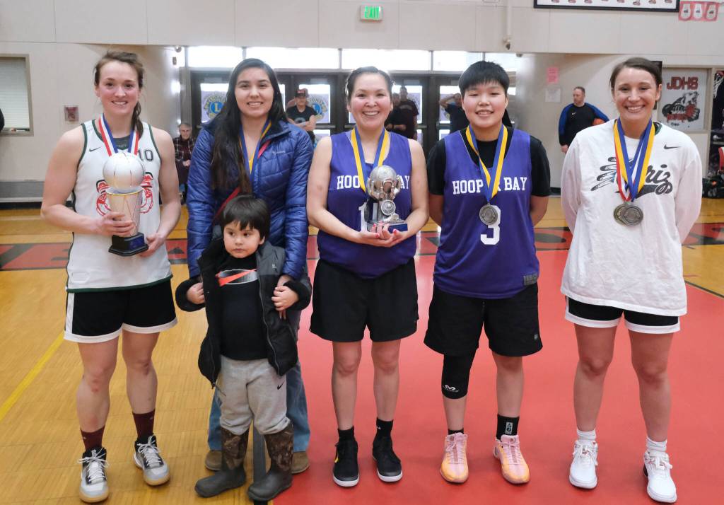 The 76th Annual Gold Medal Basketball Tournament Womens Bracket All Tournament Team, left to right, Nani Weimer (Craig), Melissa Fisher (Hoonah), Florence Kargi (Hooper Bay), Susie Long (Hooper Bay), Michaela Demmert (Craig). Not pictured Brandi Hale (Hooper Bay), Nadine Fraker (Yakutat), Trinity Jackson (Yakutat), Monica Ashenfelter (Kake). Klas Stolpe / Juneau Empire)