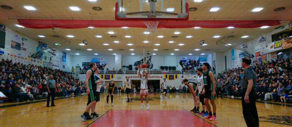 Angoons Aquino Brinson (1) shoots a free throw against Haines during the B Bracket Championship on Saturday at the 76th Annual Juneau Lions Club Gold Medal Basketball Tournament in Juneau-Douglas High School: Yadaa.at Kalés George Houston Gymnasium. (Klas Stolpe / Juneau Empire)