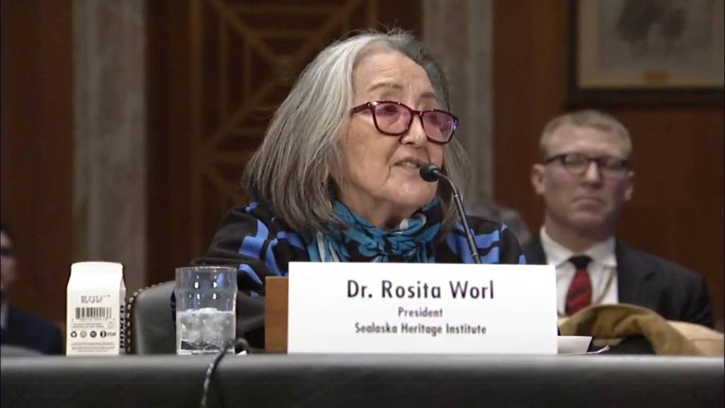Rosita Ḵaaháni Worl, president of Sealaska Heritage Institute, testifies during a congressional hearing in Washington, D.C., on Wednesday, April 2, 2025. (Screenshot from Senate Committee on Indian Affairs hearing)