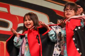 Alaska Native youth dance at Celebration in Juneau on Wednesday, June 5, 2024. (Jasz Garrett / Juneau Empire)