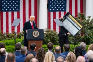 President Donald Trump delivers remarks at an event where he announced new tariffs in the Rose Garden of the White House, in Washington, on Wednesday, April 2, 2025. President Trump unveiled his most expansive tariffs to date in a ceremony at the White House on Wednesday afternoon, saying he would impose a 10 percent tariff on all trading partners. (Haiyun Jiang/The New York Times)