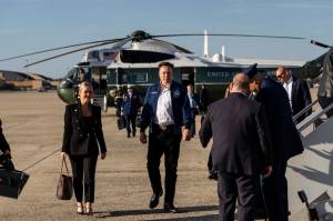 Elon Musk boards Air Force One at Joint Base Andrews in Maryland, on Friday, March 21, 2025. Musk was traveling with President Donald Trump to Bedminster, N.J. The worlds richest man made inaccurate claims about entitlement fraud, how a government payment system works and government survey costs. (Eric Lee/The New York Times)