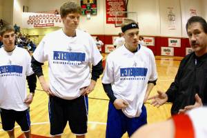 Basketball official Fred Angerman Jr speaks in a Region V Tournament pregame captains meeting in 2008. (Klas Stolpe / Juneau Empire)