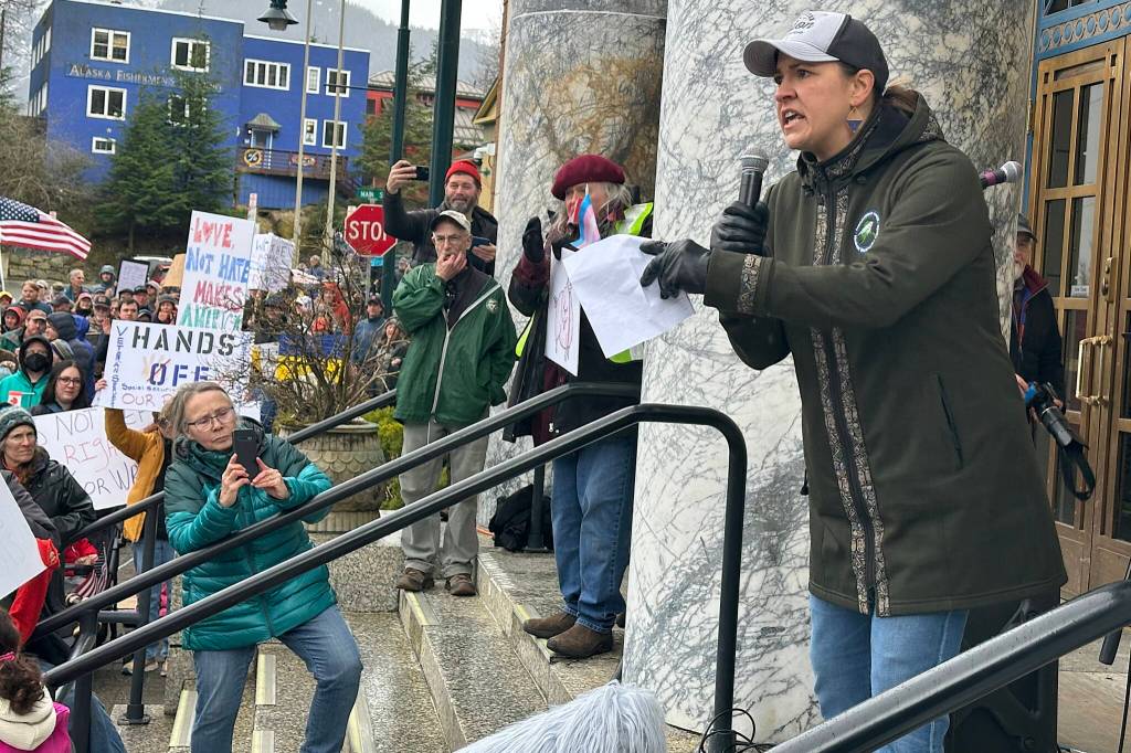 Heidi Drygas, executive director of the Alaska State Employees Association, addresses the crowd during an anti-Trump rally Saturday in front of the Alaska State Capitol. (Mark Sabbatini / Juneau Empire)