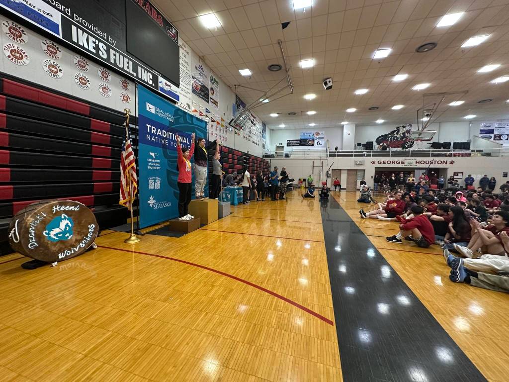 Medalists are honored during the Traditional Games on Sunday at Juneau-Douglas High School: Yadaa.at Kalé. (Mark Sabbatini / Juneau Empire)