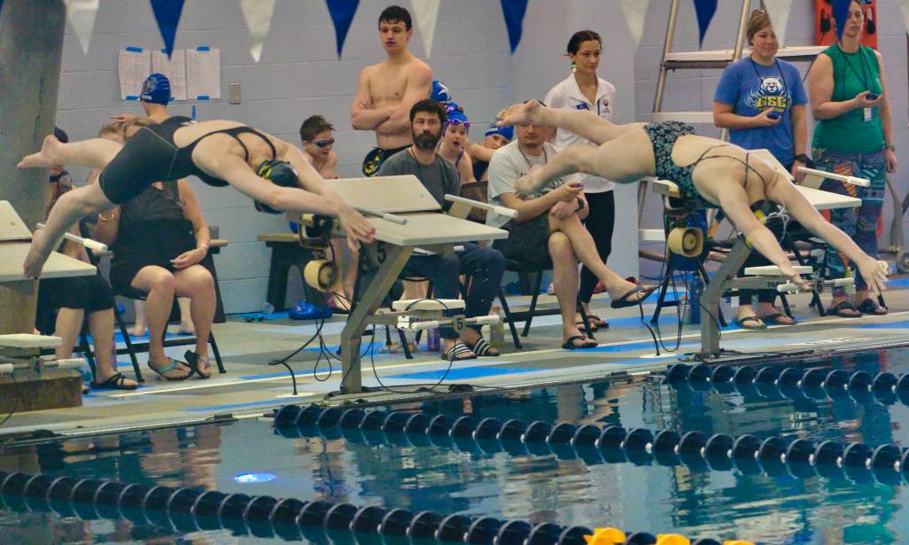 Glacier Swim Clubs Bailey Fisher (age 16) and Kennedy Miller (15) start the 13 and over 50 free during the 2025 Savannah Cayce Southeast Age Group Championships on Sunday at the Dimond Park Aquatic Center. Fisher won the event. (Klas Stolpe / Juneau Empire)